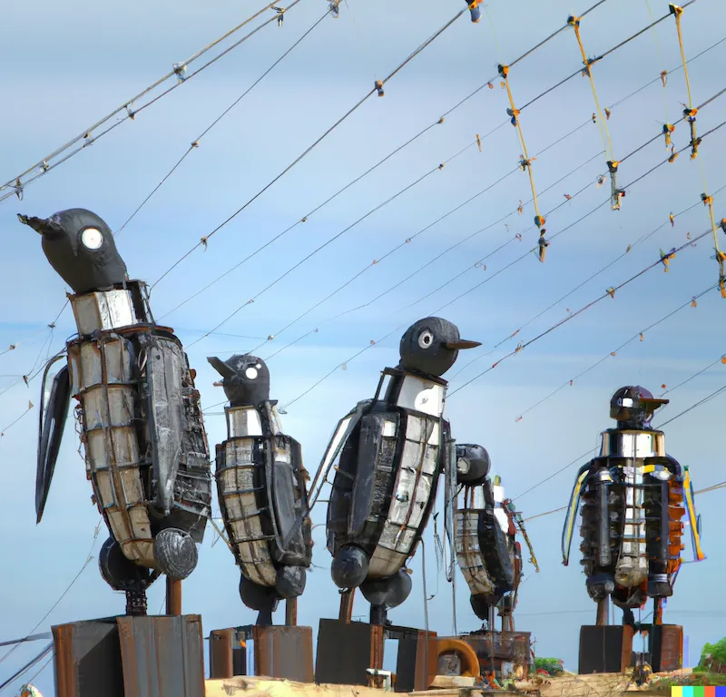 A photo of a large sculpture depicting mechatronic penguins marching, crafted by Shackleton