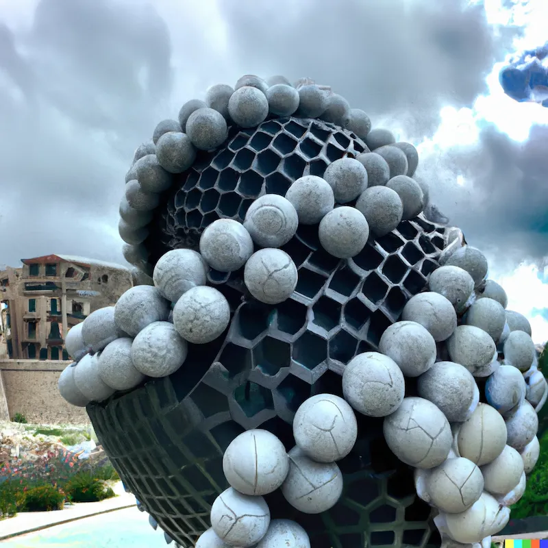 A photo of a large sculpture depicting a whole new ball game played by artificial intelligence and humanity