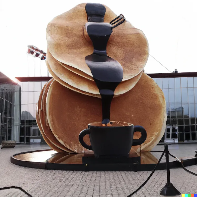 A photo of a large sculpture depicting pancakes, maple syrup and black coffee as the ultimate boon