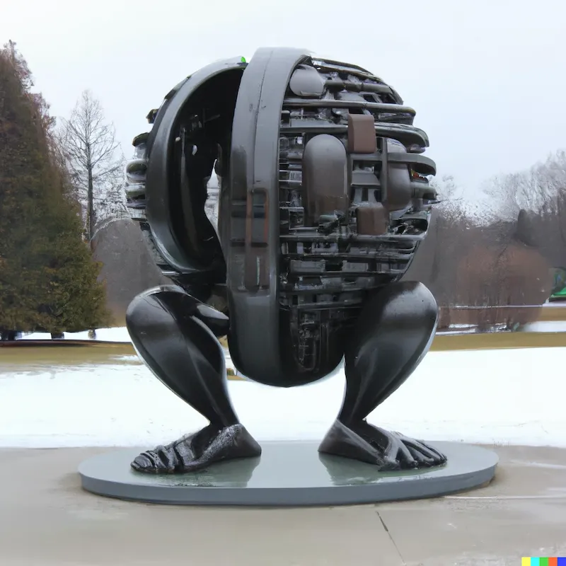 A photo of a large sculpture depicting how new ideas start in the comments not in the belly
