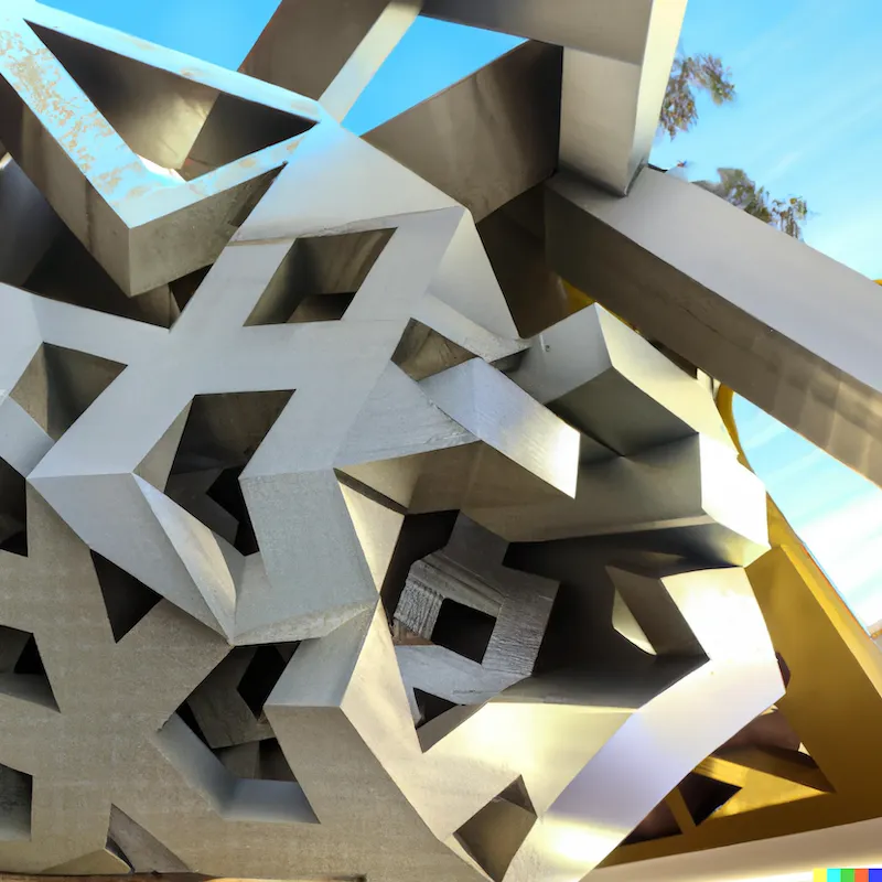 A photo a large sculpture depicting how generative javascript maintains the integrity of their minimalist geometry, crafted by Clinton freeman