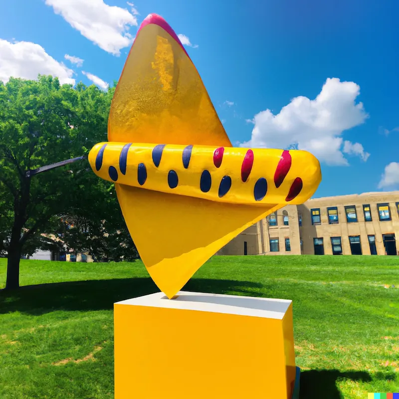 A photo of a large sculpture depicting how a nacho chip inspired a new form of media, crafted by Roy Lichtenstein.