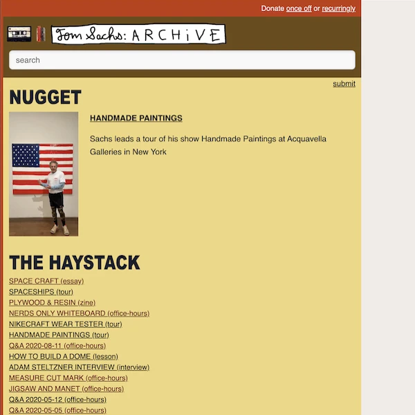 A digital archive for media about the American sculptor, Tom Sachs.