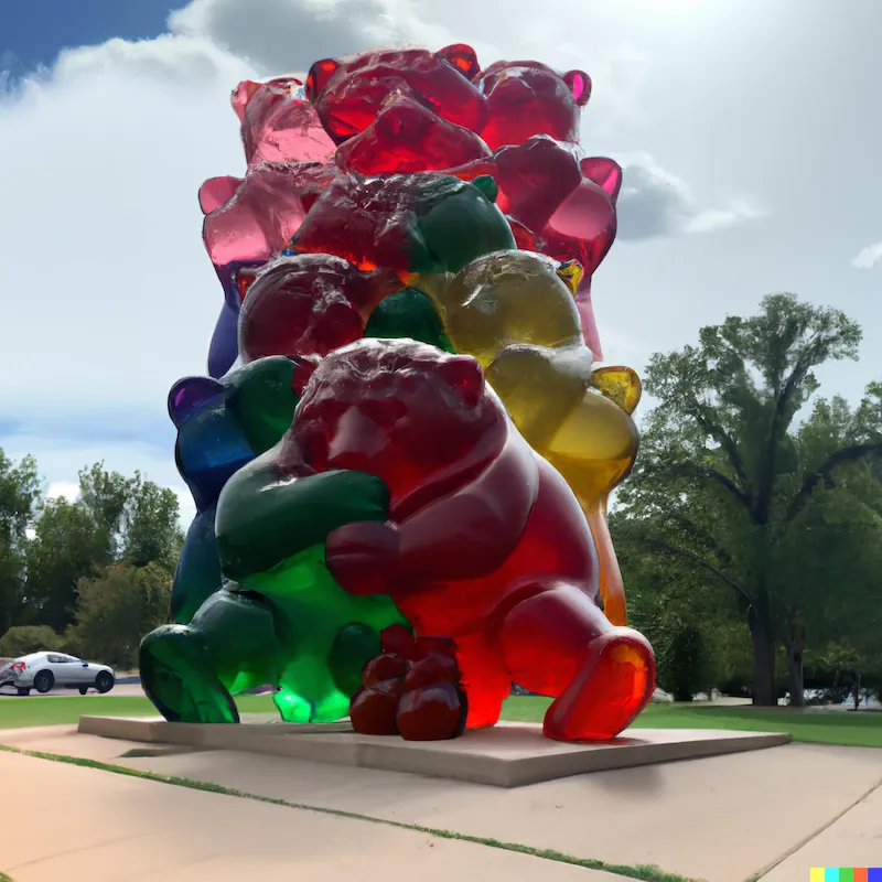 A photo of a large sculpture depicting a tax paid gummy bears being egalitarian