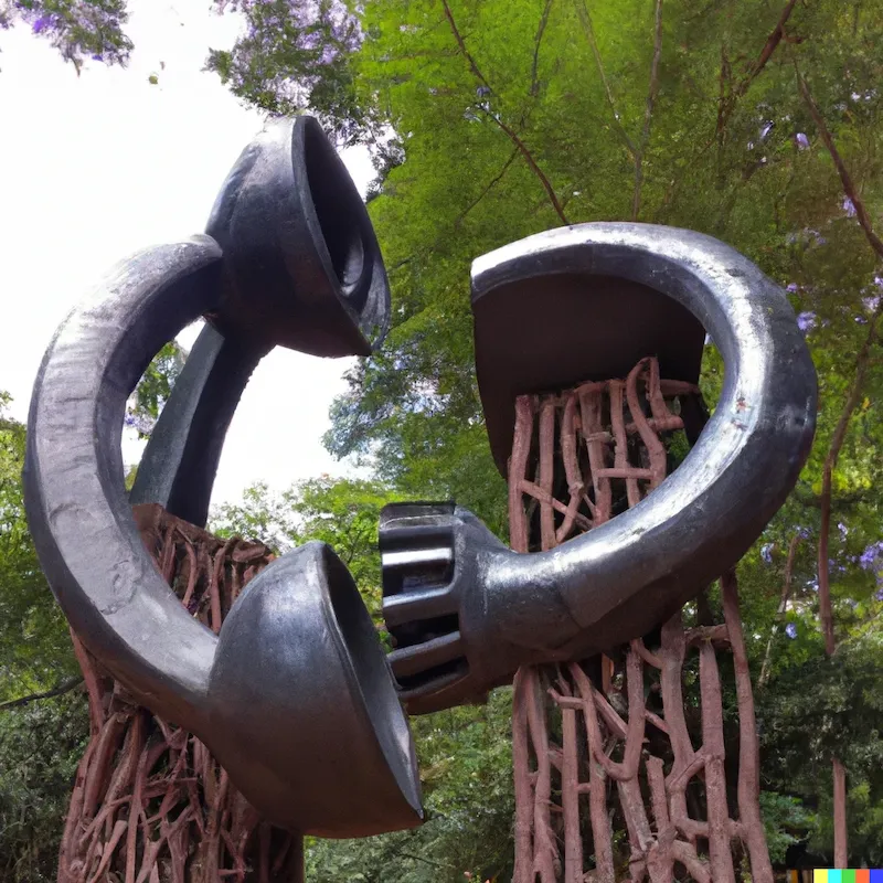 A photo of a large sculpture depicting how old telecom equipment created more time for to call one another.