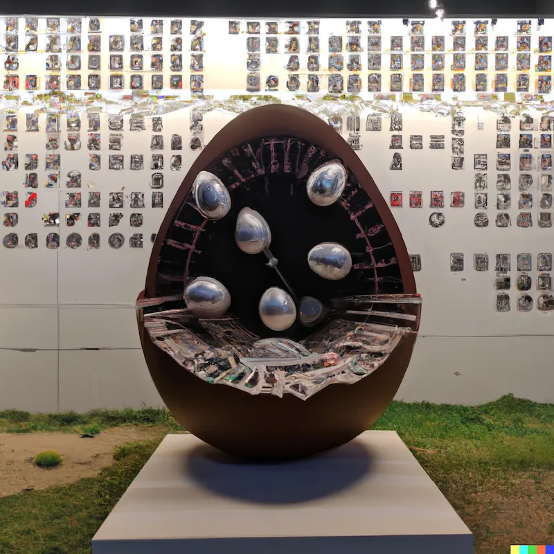 A photo of a large sculpture depicting how it is impossible for an algorithm to cook eggs when time is just a construct.