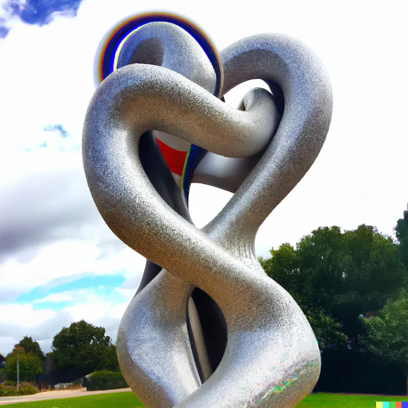 A photo of a large sculpture depicting a microscopic embrace between pure protein and electrically sentient silicon.