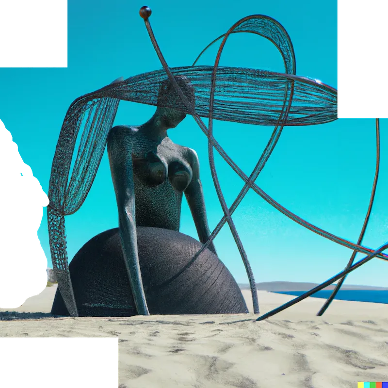 A photo of a large sculpture depicting the differences in how humanity and algorithms perceive the beach