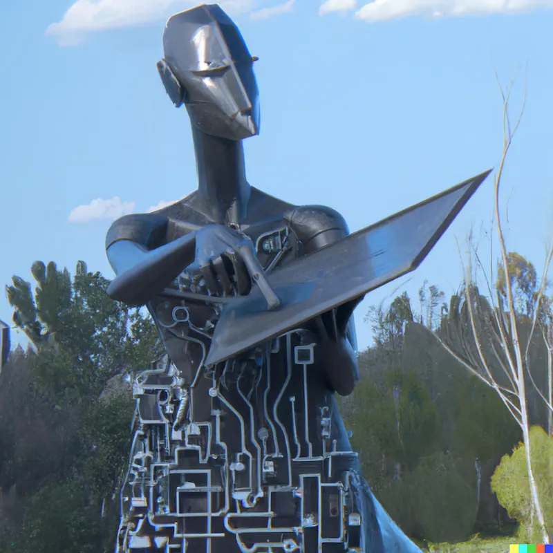  A photo of a large sculpture depicting how it isn't a piece of software's fault they can't obey instructions.