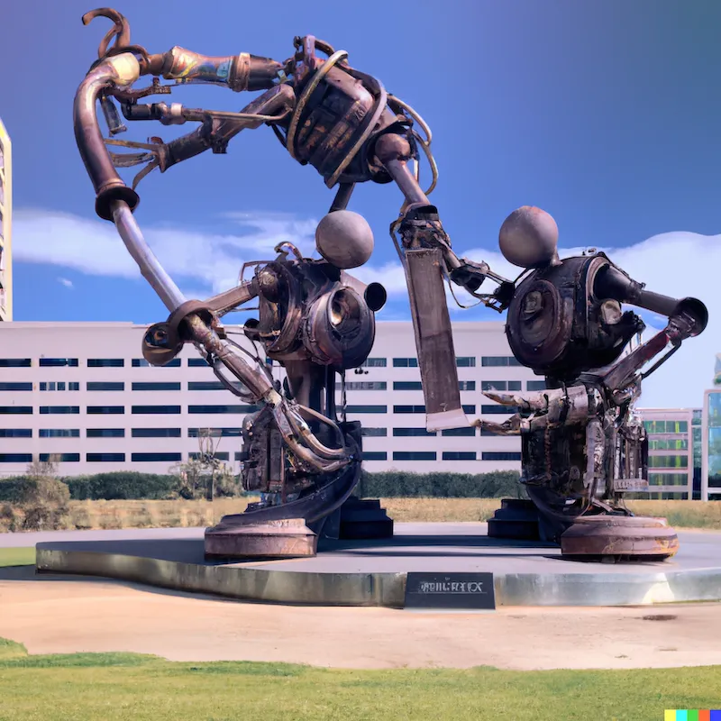 A photo of a large sculpture depicting how software could technically violate the three laws of robotics.