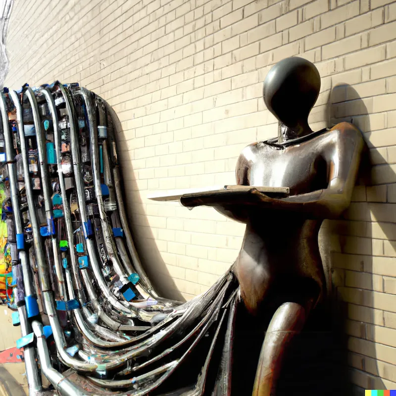 A photo of a large sculpture depicting how DALL·E is a sanitary way to mix humanities stuff with software.