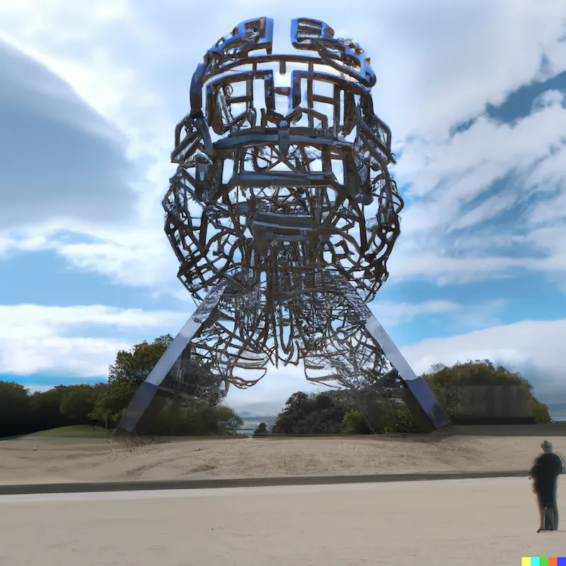 A photo of a large sculpture depicting how software can equip someone to become a world-leading artist.