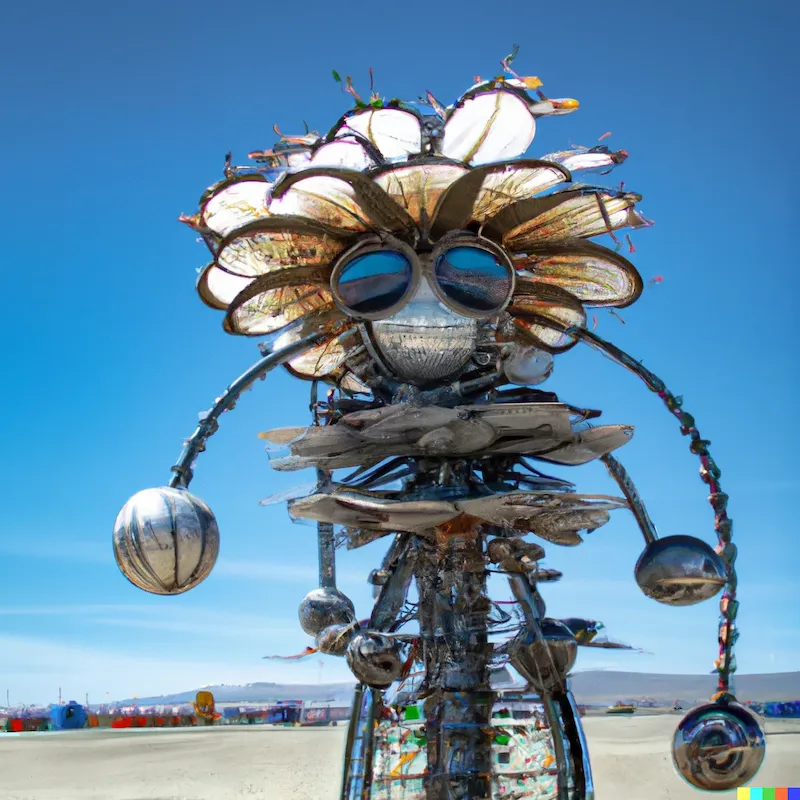 A photo of a large sculpture depicting how Skynet used flower power not the military to unify humanity.