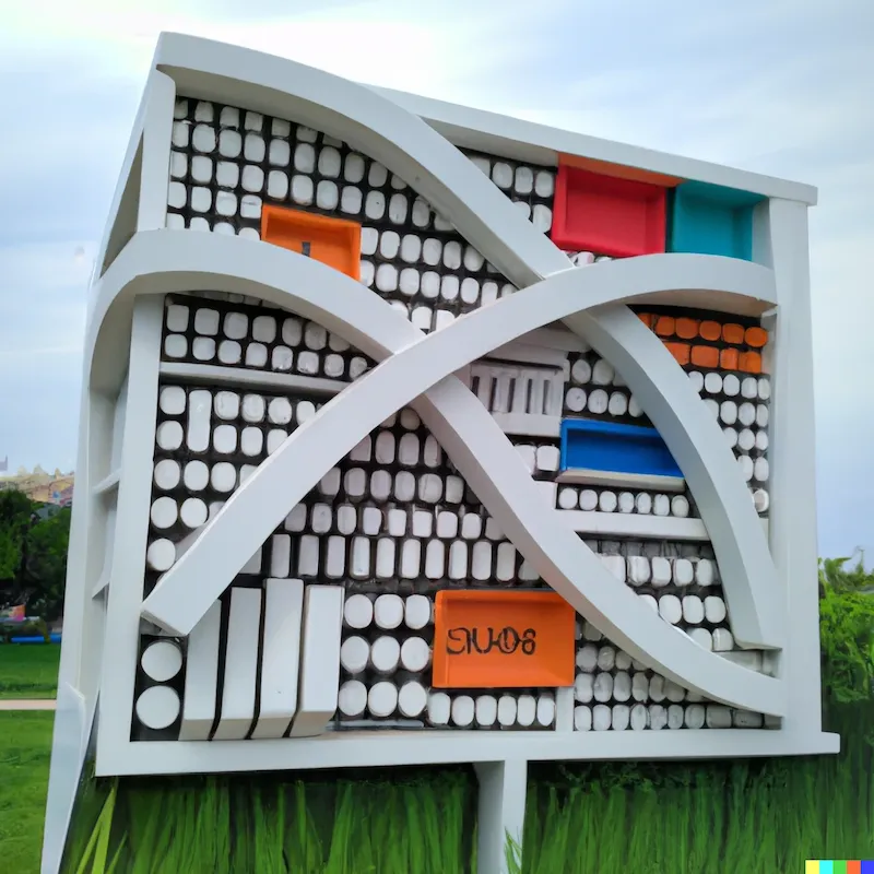 A photo of a large sculpture depicting the software and mathematics that represents midi files.