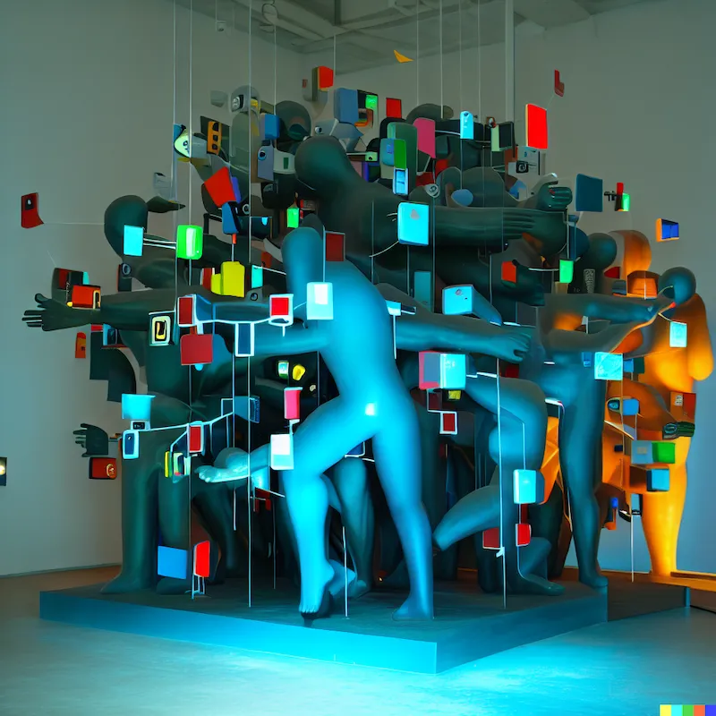 A photo of a large sculpture depicting the mistrust humanity has for social media algorithms, bauhaus, conceptual art, 8k