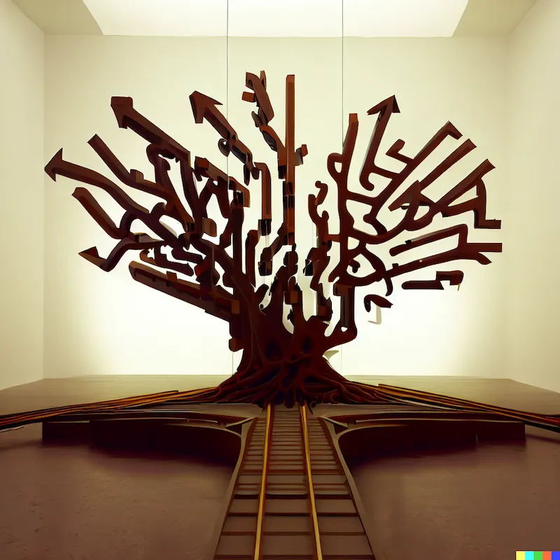 A photo of a large sculpture depicting the derailment of a decision tree, conceptual art, abstract, bauhaus, Eames, Robert Irwin, Tom Sachs, James Tur