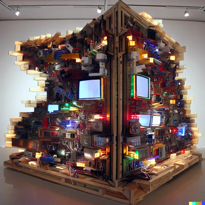 A sculpture depicting the doubled edge of technology, LEDs, LCDs, Resistors, Capacitors, resistors, Plywood, J. Robert Oppenheimer, sol lewitt.