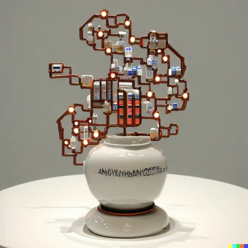 A sculpture depicting algorithmic healthcare, abstract, minimalism, LEDs, Capacitors, Resistors, porcelain, Alexander Fleming, freeform circuit, coppe