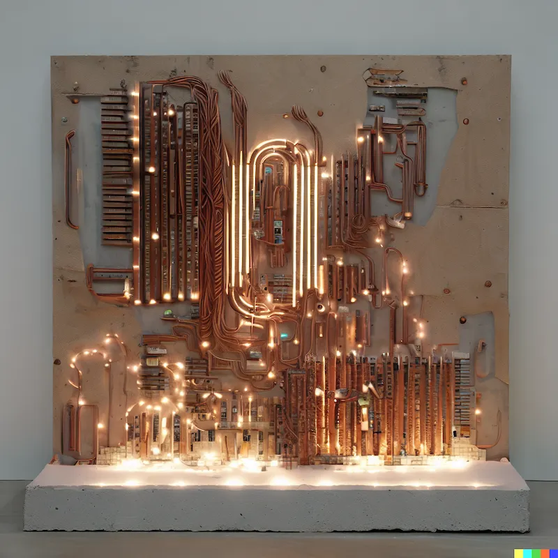 A sculpture of how software can transcend the fourth wall, abstract, minimalism, filament LEDs, Capacitors, Resistors, plywood, concrete, corrugated,