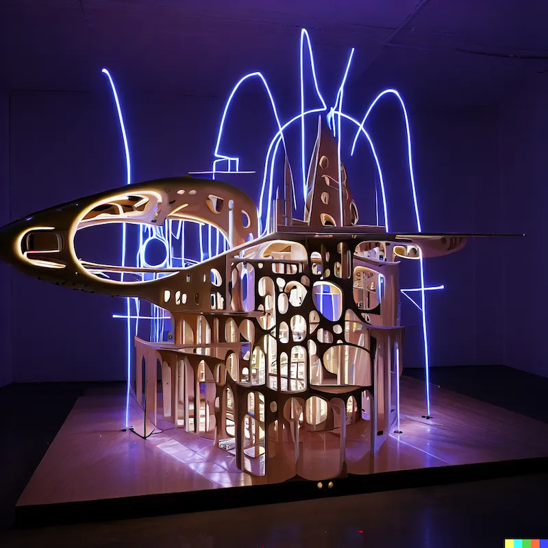 An sculpture of a utopia generated by software, anarchy, filament LEDs, plywood, lightening holes, constructed like an airframe, Boeing, Clinton Freem