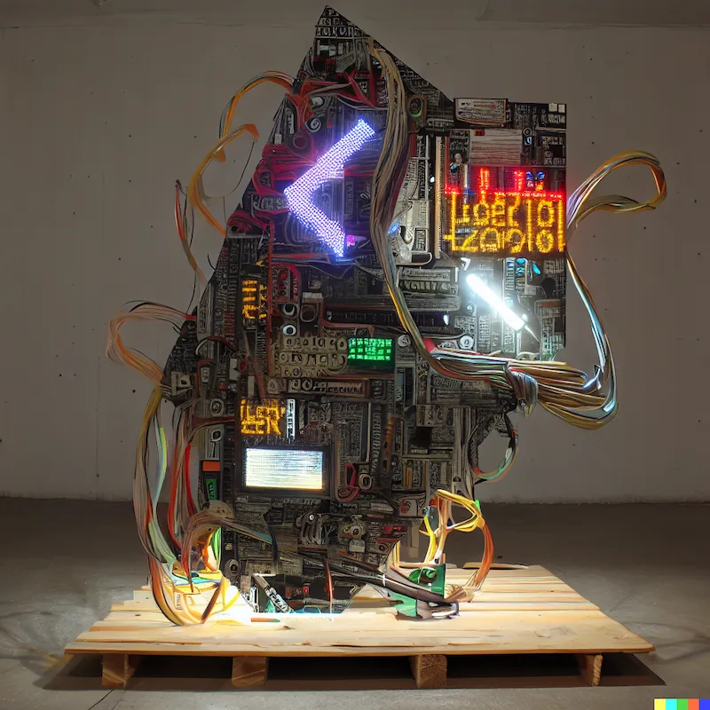 A sculpture of generative street art software, javascript, bit rot, go-lang, c, free form circuits, license holograms, minimalism, concrete, plywood.
