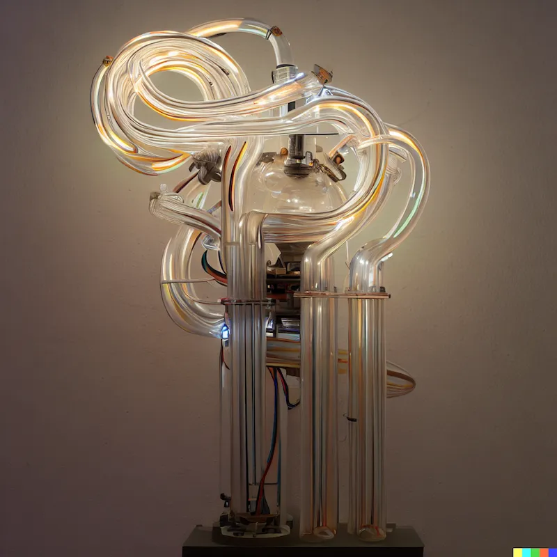 An sculpture of Digital anaesthesia that makes algorithms forget how to preprocess data, glass tubing, filament LEDs, pneumatic, concrete, abstract, m