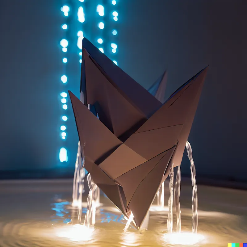 Indoor water feature of how software can't interrupt a computation when data arrives late at night, single aluminium origami, lightening holes, filame