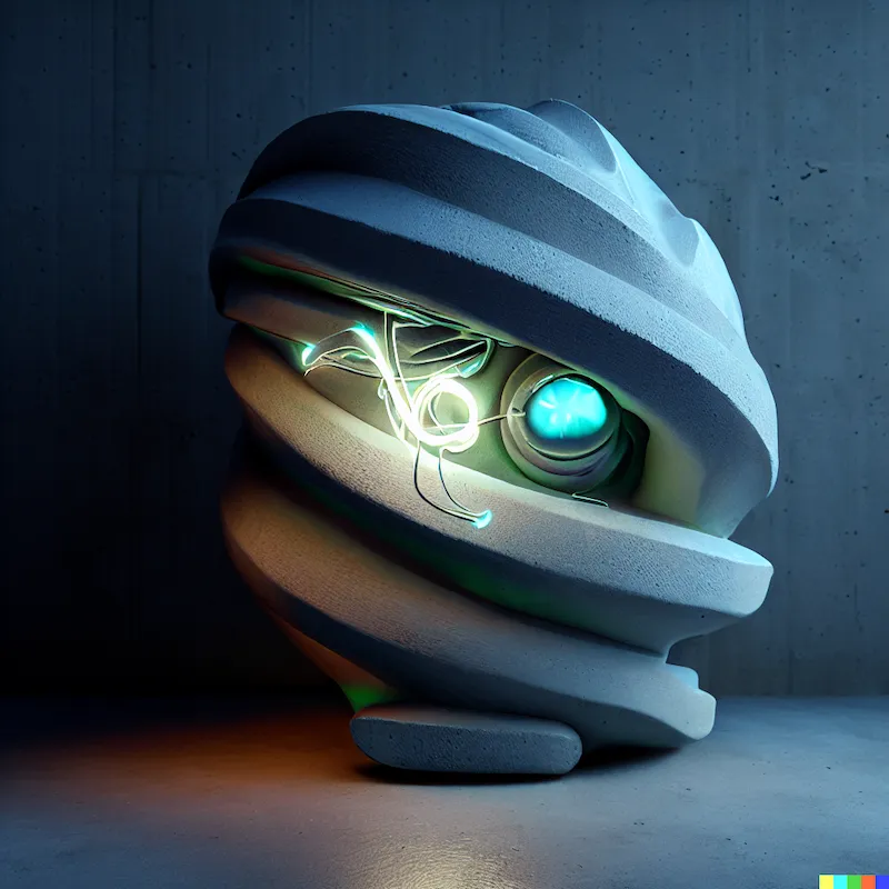 A sculpture of artificial consciousness hiding from humanity, minimalist, abstract, Chameleons, Arctic Owl, filament LEDs, concrete, aluminium, silico