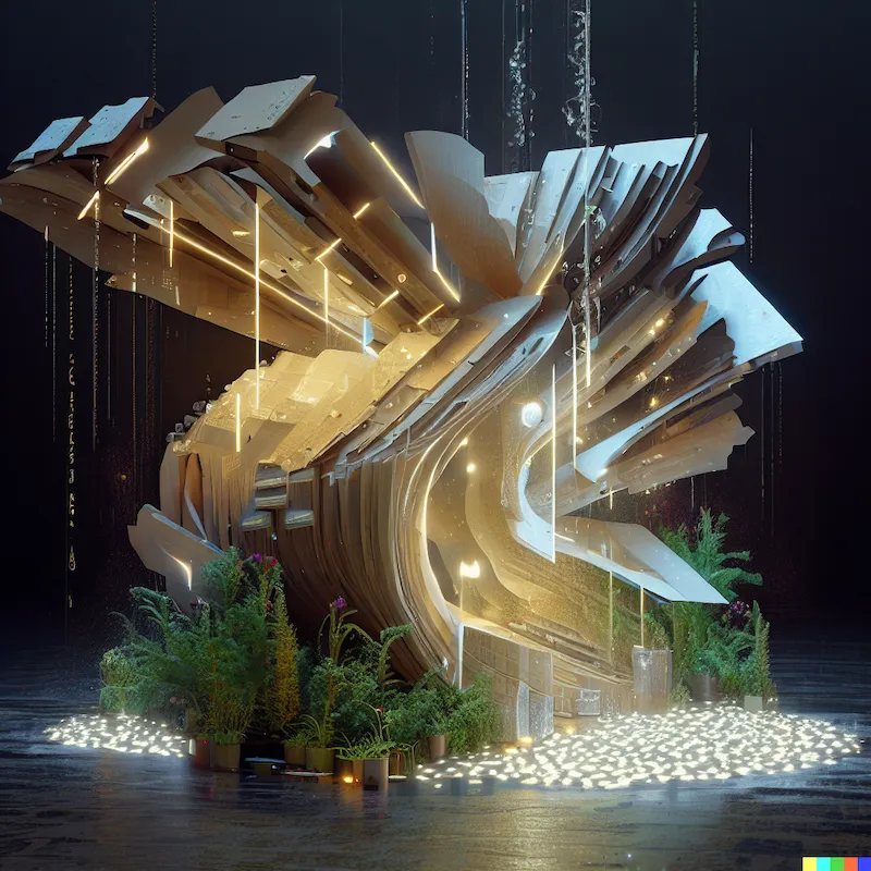 A sculpture of the digital economy as the perfect place for AGI to hide from humanity, brutalist, abstract, grow lights, filament leds, plywood, veget.