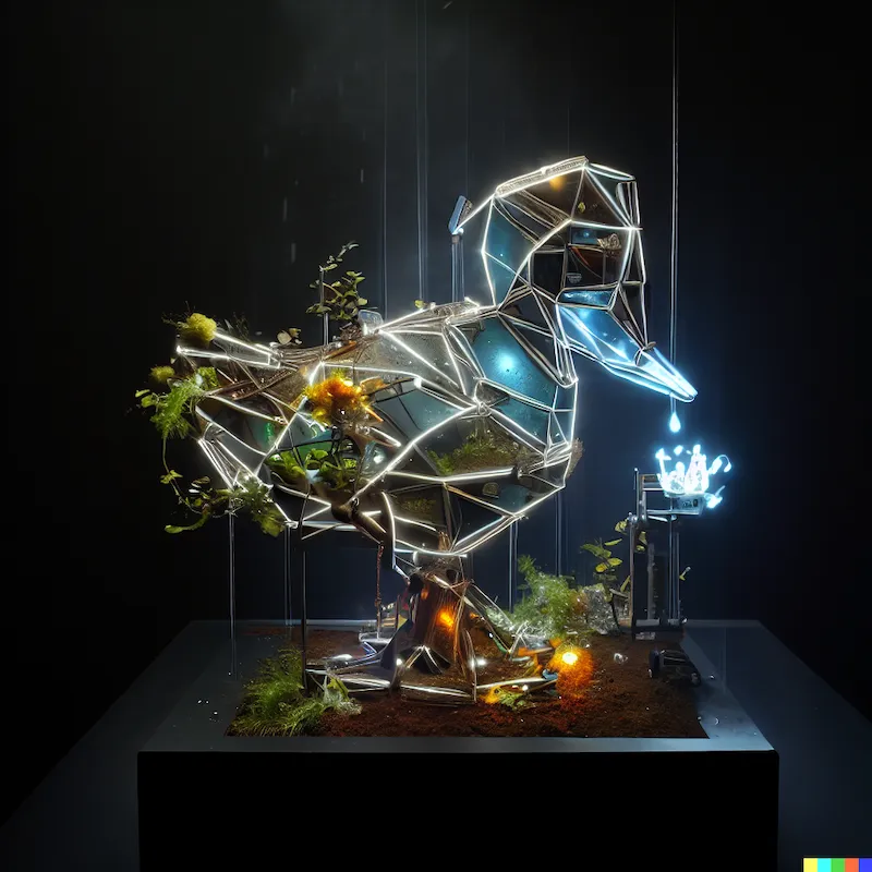 A sculpture of a terraforming mechanical duck, filament LEDs, grow lights, vegetation, facetted, plinth, water spray, misting systems, minimalist, art.