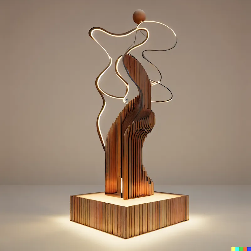 A sculpture of how algorithms are unable to synthesise serotonin, filament leds, plywood, corten steel, plinth, minimalist, abstract, art nouveau, fou