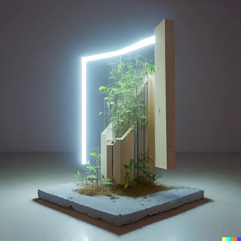 A sculpture of power opening up a new algorithmic world, grow lights, plinth, plywood, abstract, concrete, minimalist, vegetation, Clinton freeman, re
