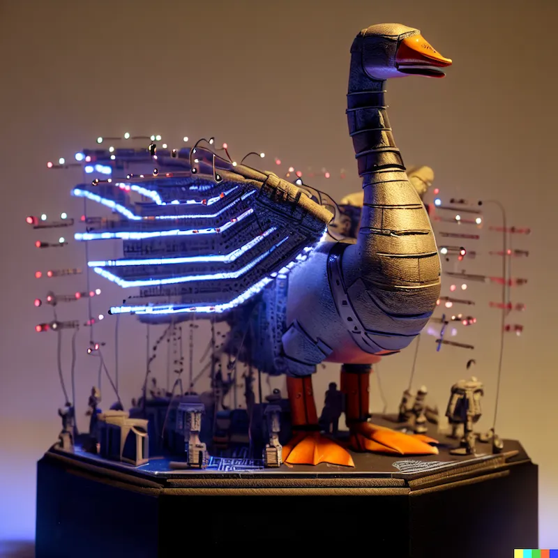 A diorama of a main battle goose constructed to defeat bots flooding cyberspace with noise and disinformation, plinth, armour, filament LEDs