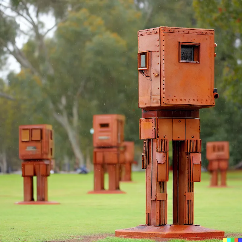 DALL·E 2023-03-31 18.53.53 - An installation of a tall and boxy 1920s terracotta robot squadron, cyberwarfare, Clinton freeman, outdoor, Canberra, lawn, depth of field, rain.