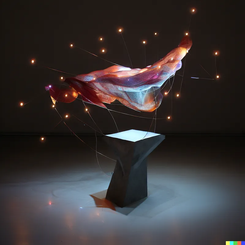 An sculpture of hungry and foolish algorithms playing in a cosmic playground, plinth, minimalist, concrete, calico textile, LEDs, copper, light and sp.