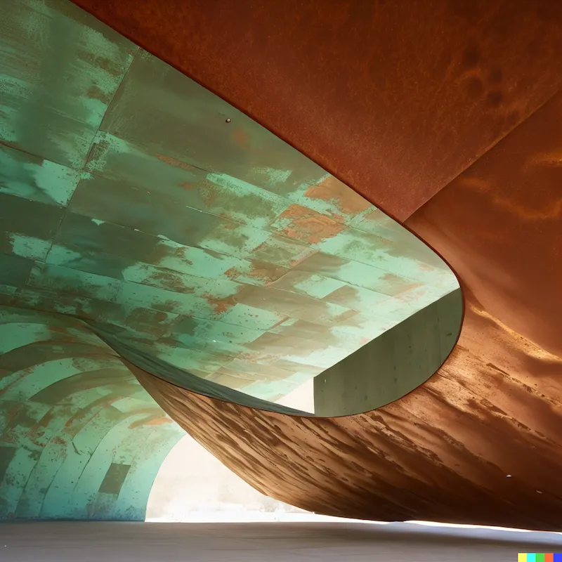 A overhanging installation of software that redefines what is possible, outdoor, Canberra, concrete, copper panels, green patina, vaulted arch, depth