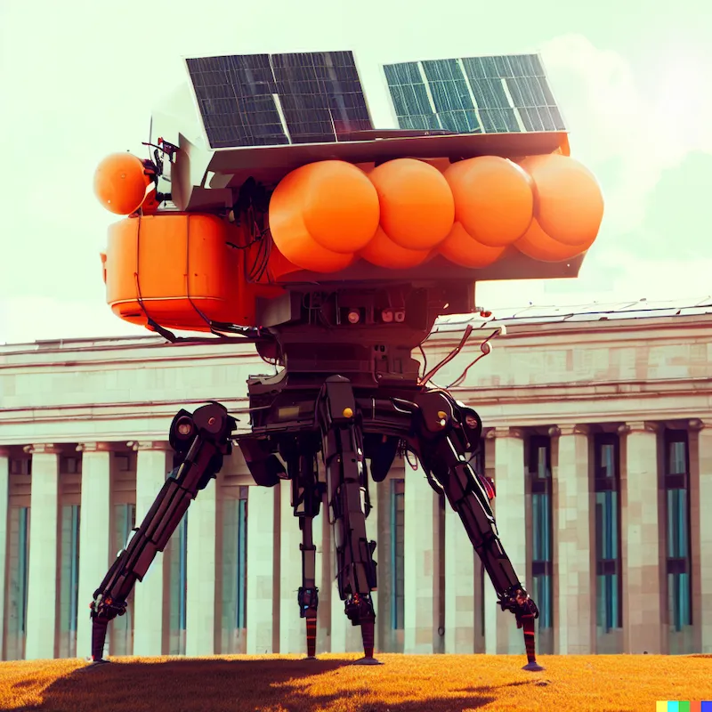 A sculpture of technology that resupplies and funds rebel artists, money, Federal Reserve, Washington DC, outdoor, airdrop, solar panels, orange lande