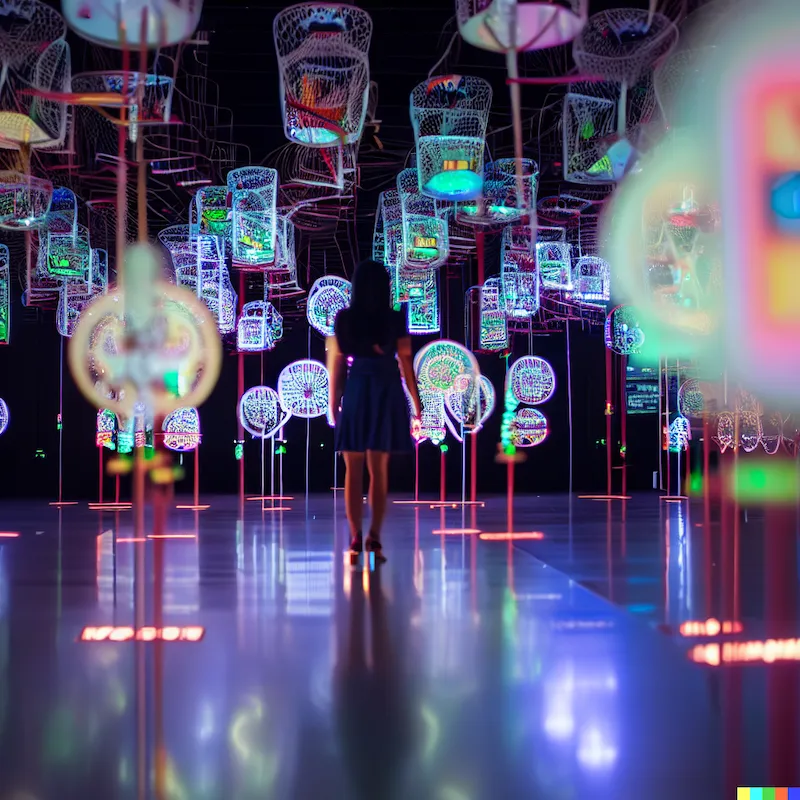 A immersive installation of algorithmic guardians guiding human taste in culture, Brisbane GOMA, depth-of-field, cinematic.