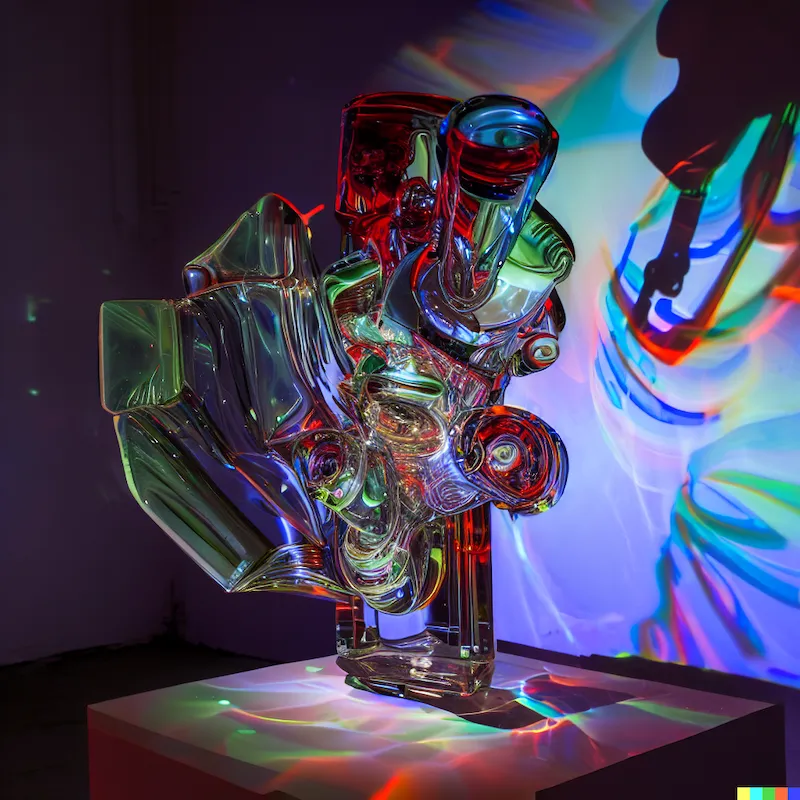 A sculpture of an extroverted algorithm that is calibrated with human interaction and alcohol, abstract, Tasmania, glass, cinematic, caustics, coloured shadows, plinth