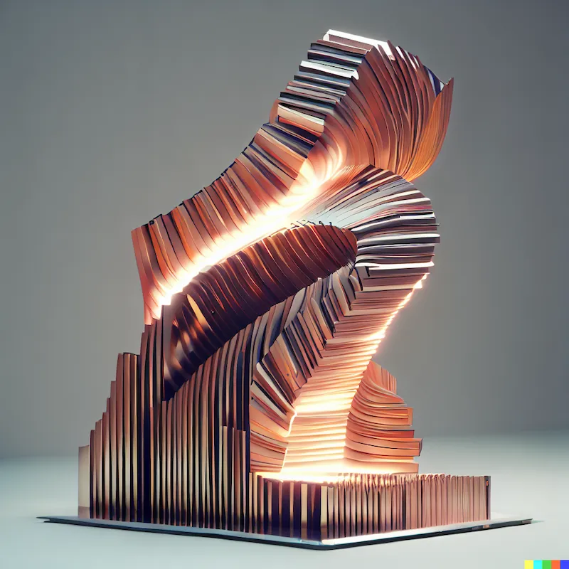 A sculpture of software with a lot to learn, abstract, futurism, corrugated iron, plasma cut, plywood copper, plinth.