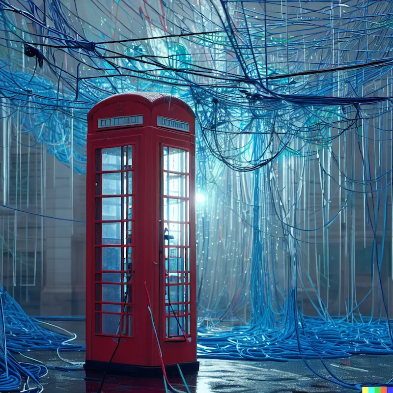 A installation of the software that decides what is popular, outdoor, London, red phone booth inbuilt media, messy tangle of overhead blue rope, wirin