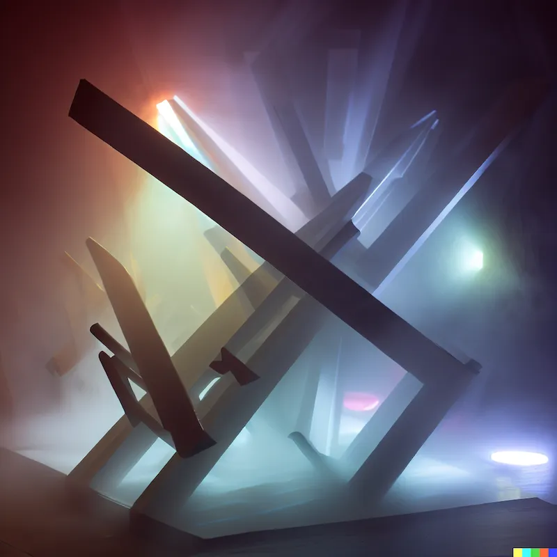 A sculpture of a high energy stimulant for algorithms, concrete, plywood, thin fog machine, volumetric shadows, leds, abstract