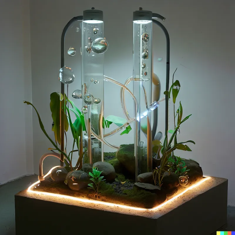 A sculpture of artificial intervention in the water cycle, vegetation, fuel cells, electrolysis, concrete, habitat, perspex, gas, bubbles, tubing, abstract, minimalist, plinth, Grow lights, filament LEDs