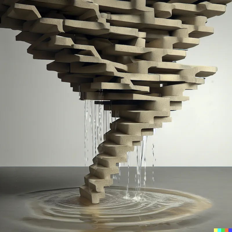A sculpture of how an algorithm can split the tide, concrete, trickling water, bamboo.