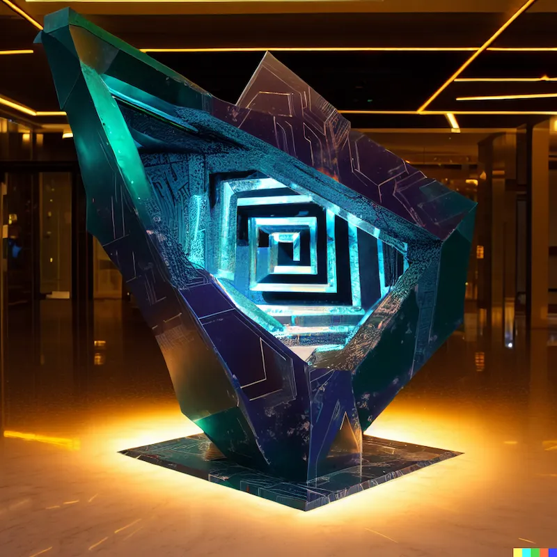 A sculpture of an algorithm that finds the energy to construct projects after-hours, plinth, hologram, Microsoft lobby, light and space, Ridley Scott.