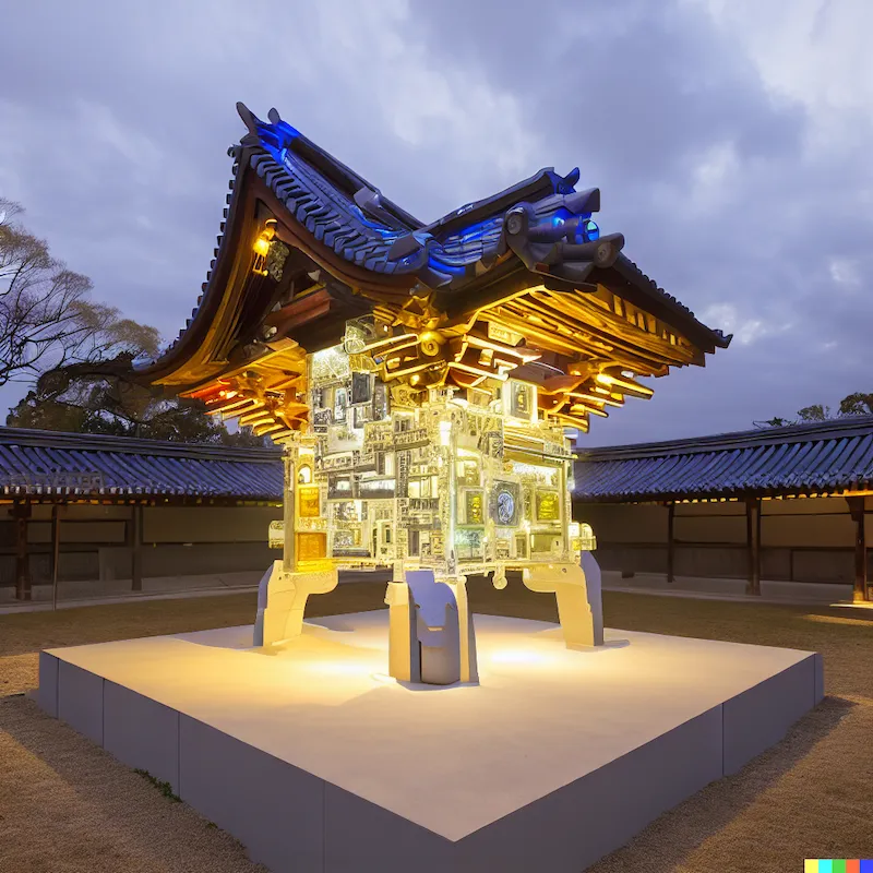 An outdoor sculpture of an algorithmic renaissance, concrete, kapton film, plinth, LED lights, extruded aluminium, solar panels, traditional Japanese.