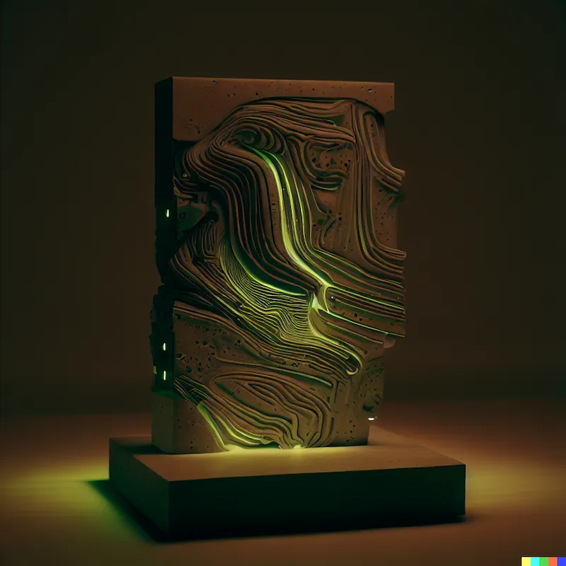 sculpture of an embedding layer assisting the attention mechanism of an AI generating an image, plinth, abstract, concrete, plywood, warm green LED l