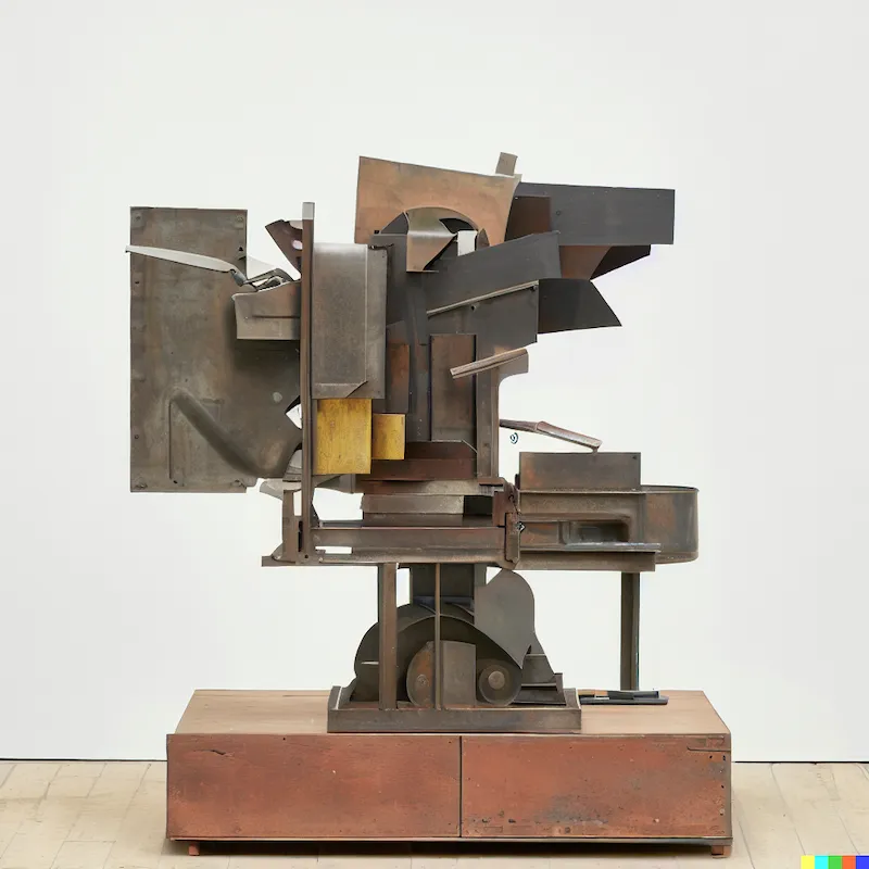 A sculpture of an industrial machine that finds biases hiding within training data, plinth, plywood, cast iron, abstract, neo futurist, 1960s.