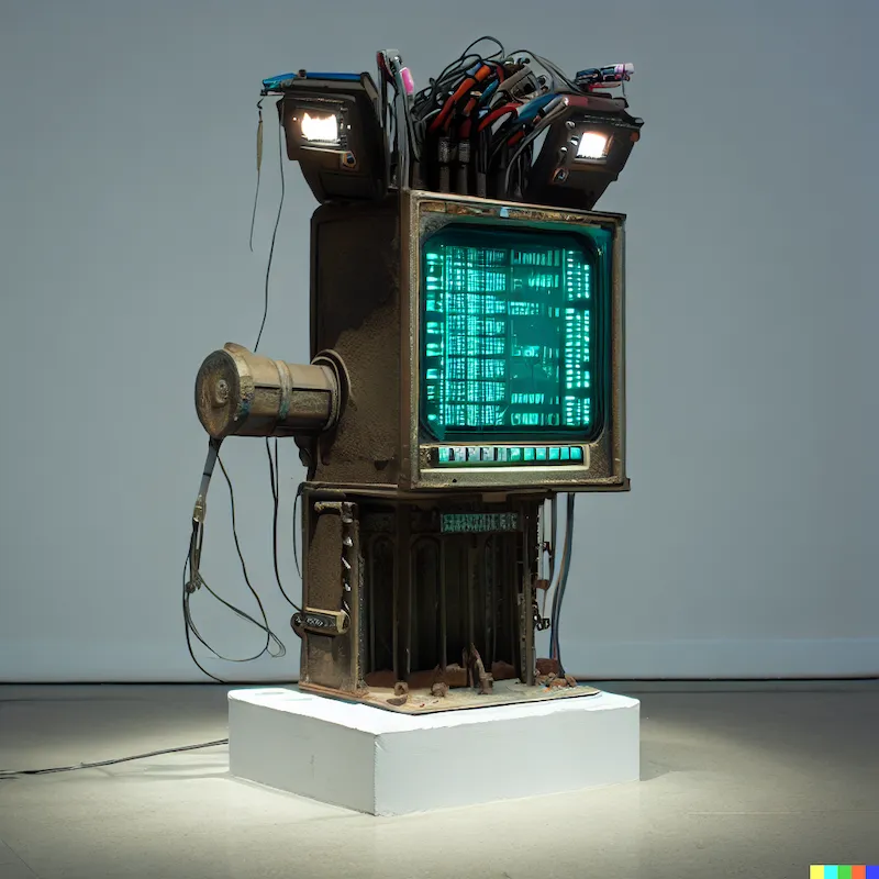 A sculpture that alters dataset micro biases, gallery, abstract power tool, industrial, plinth, Soviet, 1980s, sensor