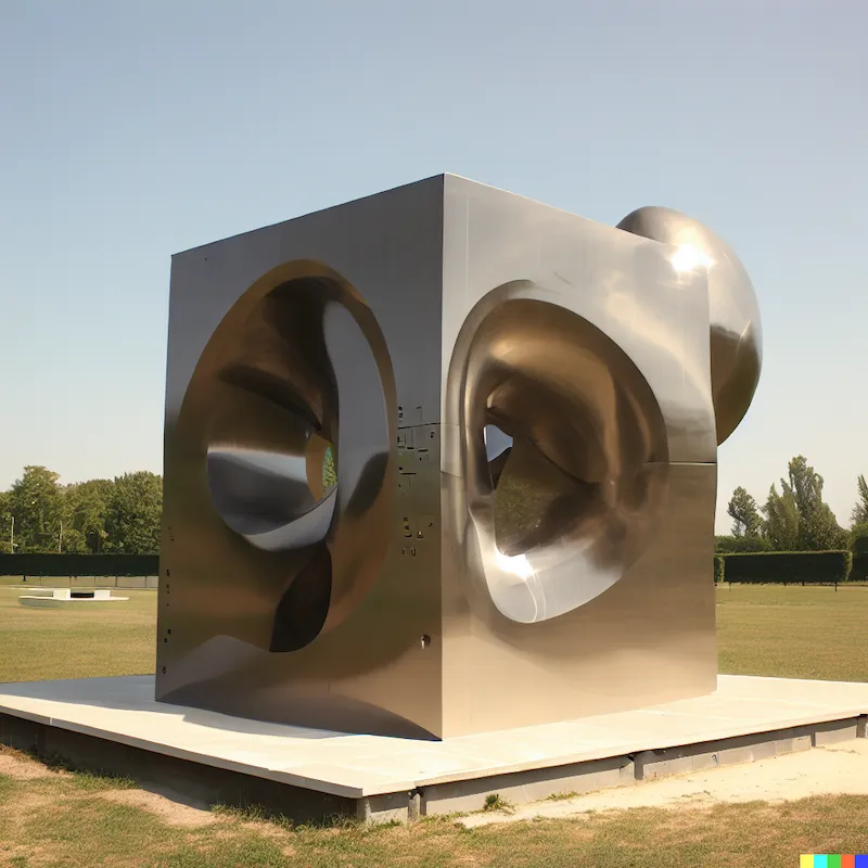 A large outdoor sculpture of the algorithmic perception of space-time, plinth, CERN, CMS, abstract, minimalist, gallery, depth-of-field, stainless ste